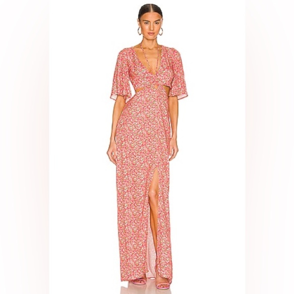 REVOLVE / AFRM Pink Maxi Dress with Plunge Neckline and Flutter Sleeves